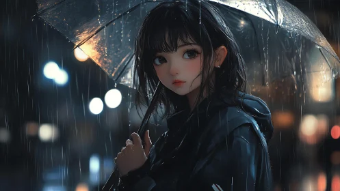 Girl with umbrella in rainy neon lit night street scene.