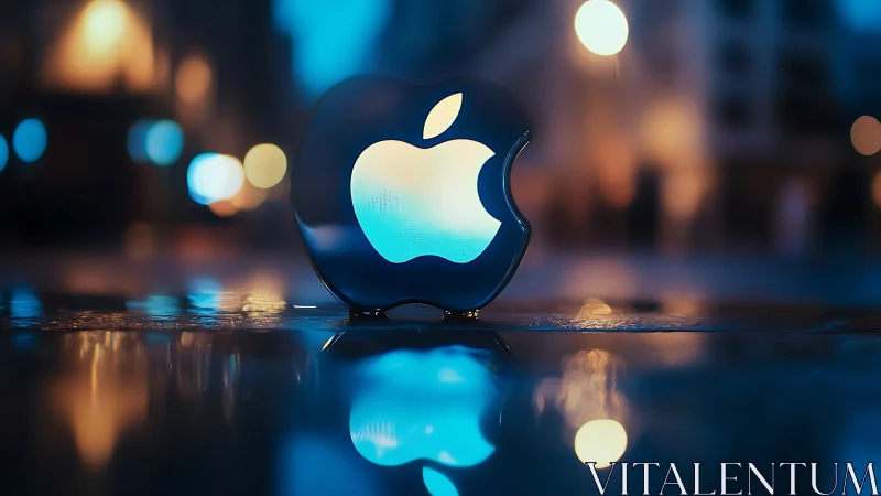 Illuminated apple-shaped icon reflects on wet urban surface