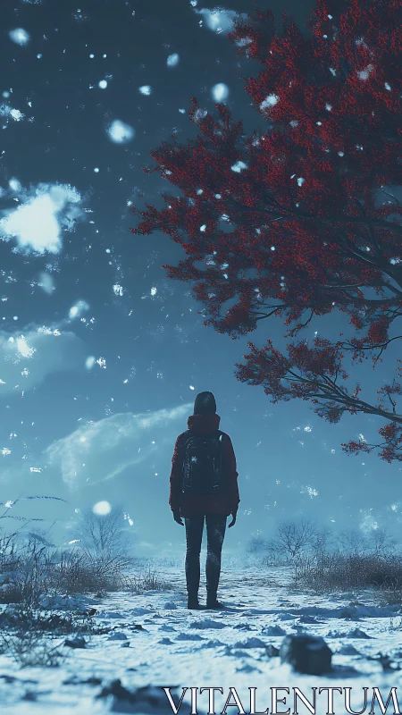 Solitary winter wanderer under a softly glowing sky.