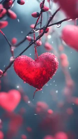 Crystalline heart hangs frosted on winter branch.