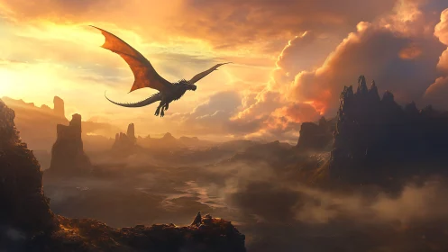 Sunset dragon soars above mist-cloaked volcanic valley.