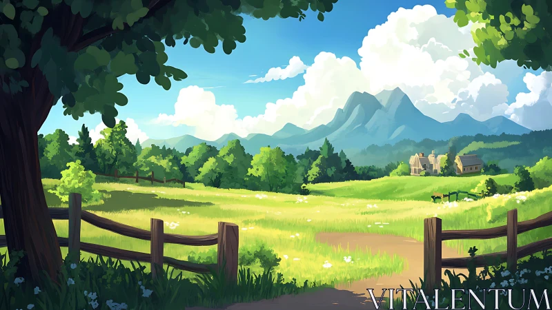 Sunny countryside meadow with farmhouse and mountains.