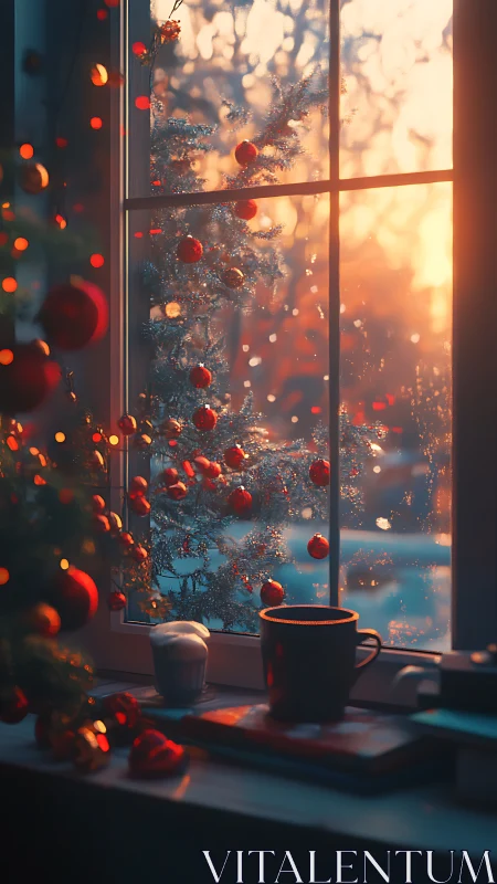 Cozy holiday sunrise through a frosted storybook window.