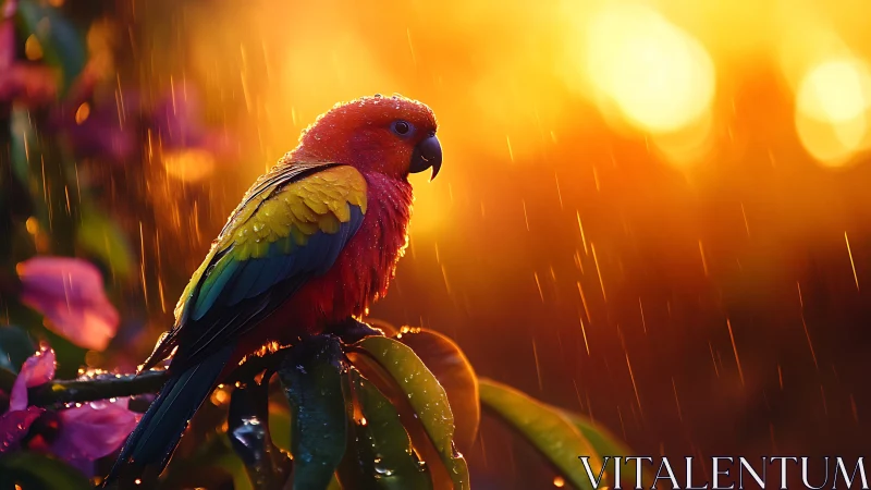 Vibrant parrot in rain on branch at sunset, dramatic nature style.