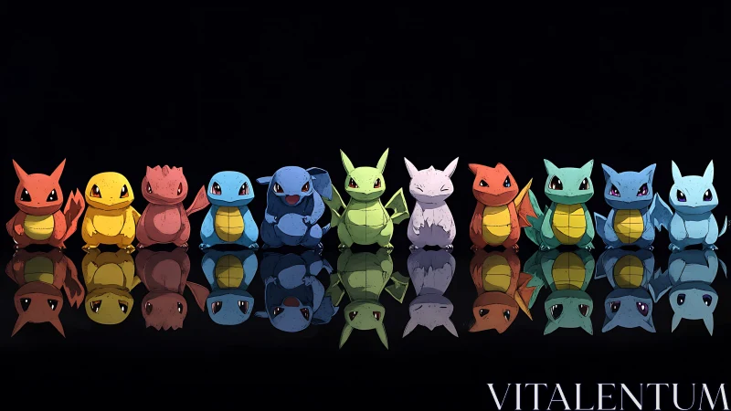 Colorful lineup of small cartoon creatures on black surface.