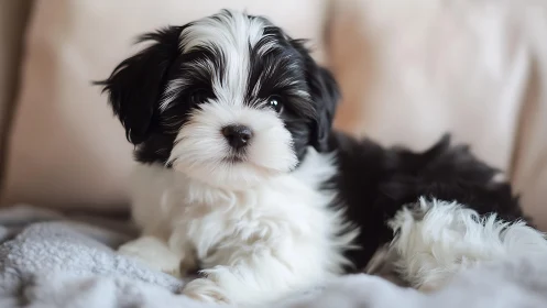Fluffy black and white puppy relaxes on a soft cozy blanket