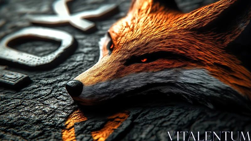 3D fox emblem with fiery fur detail on dark textured slab.