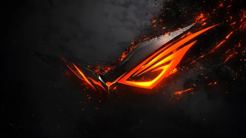 Flaming metallic emblem slices through dark textured void