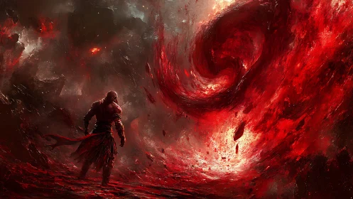 Warrior confronts massive swirling red energy vortex