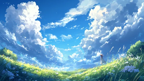 Wide grassland landscape under expansive cloud-filled sky.