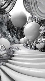 Monochrome spheres drift through a glossy surreal corridor.