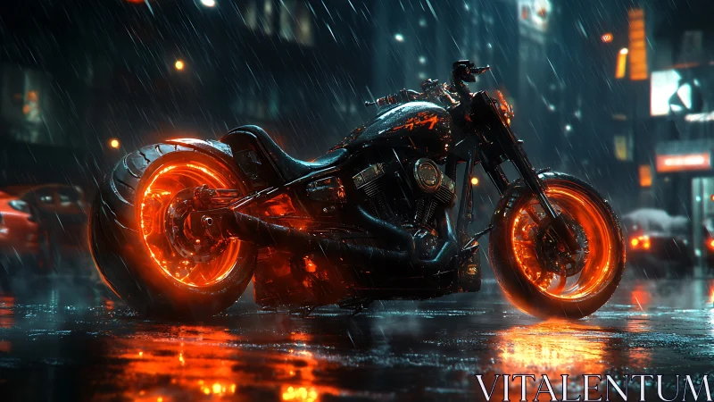 Motorcycle with glowing wheels stands on wet city street at night