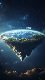 Floating forest world drifting gently through starlit space.