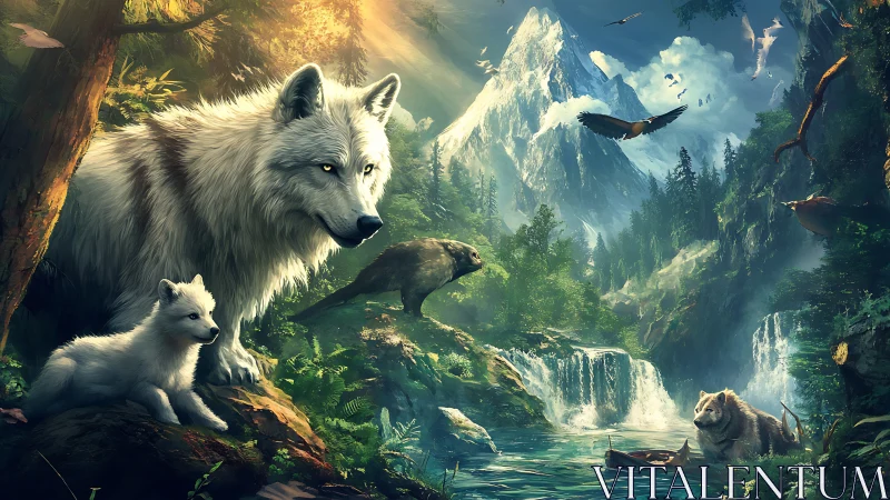 Luminous wolves and wildlife in alpine waterfall valley panorama.