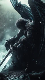 Fallen dark angel kneels with massive sword in misty ruins