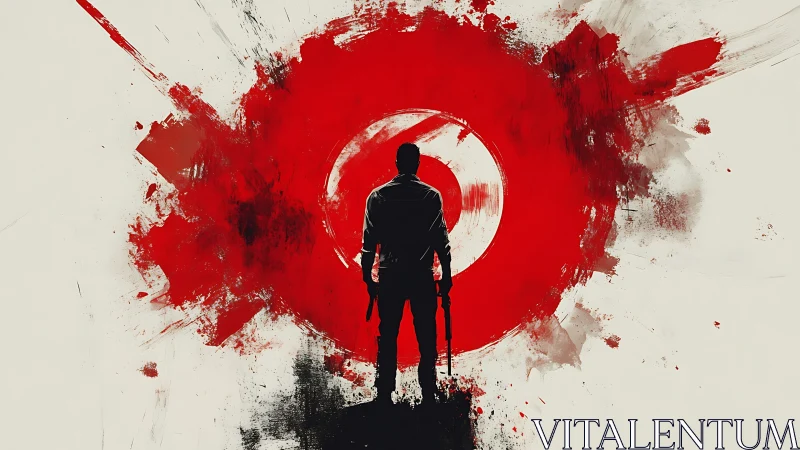 Silhouetted gunman against red target splash, minimalist noir