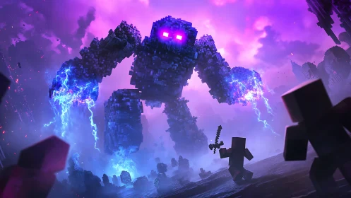 Towering pixel golem crackling with lightning in neon skies.