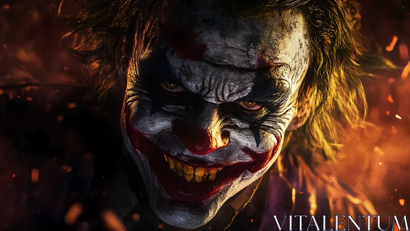 Pyro-illuminated clown visage under high-contrast chiaroscuro.