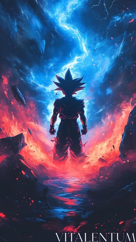 Stormforged warrior rising between fire tides and blue fury.