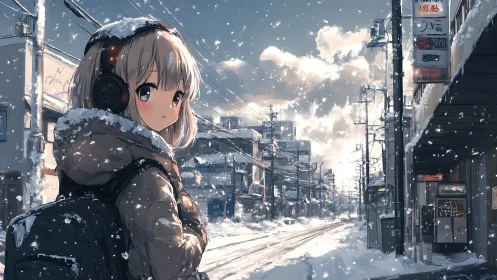 Snow-covered urban street with backpacked girl in headphones.