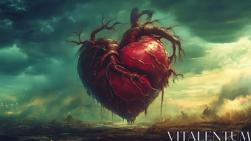Rooted red heart suspended in stormy surreal sky.