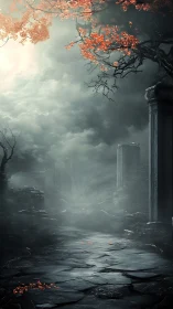 Ancient ruins emerge through mist beneath a burning autumn sky