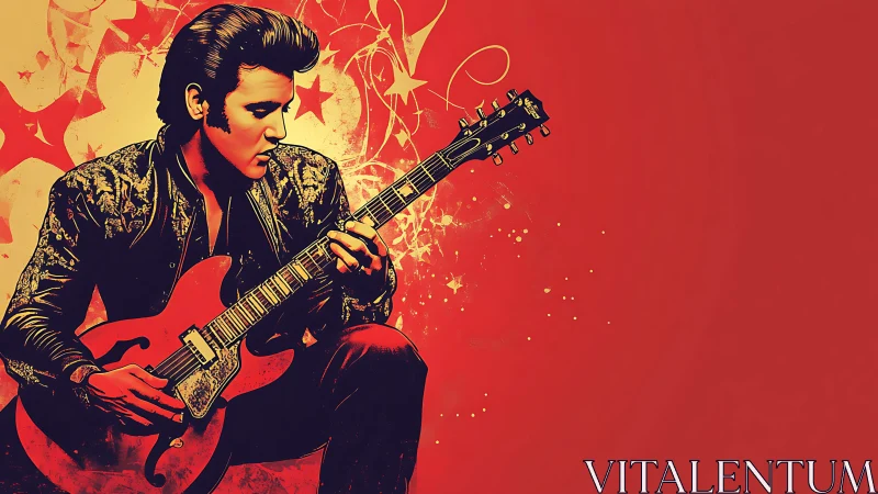 Rock guitarist in red pop-art blaze of stylized stardust.