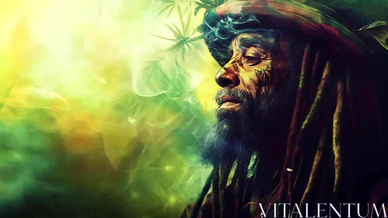 Mystic dreadlocked sage drifting through glowing herbal haze.
