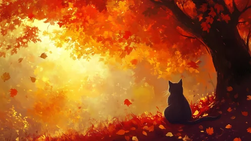 Cat silhouette sits under bright autumn tree at sunset