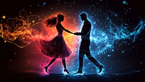 Silhouetted couple dances in contrasting red and blue light