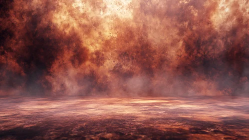 Molten horizon over misted reflective ground plane.