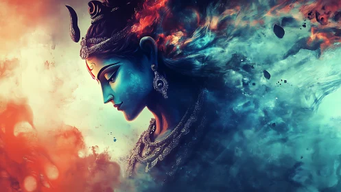 Divine blue deity dissolving into swirling cosmic fire.