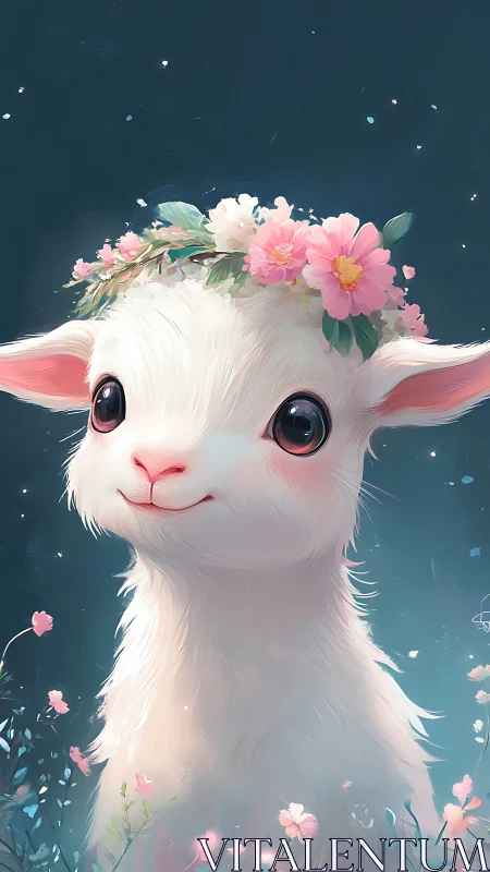 Cute white baby goat portrait with floral crown art