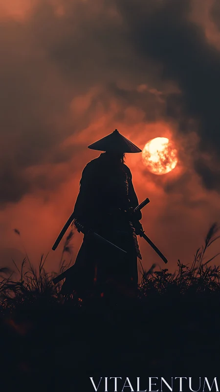 Silhouetted swordsman stands before low sun in dense clouds