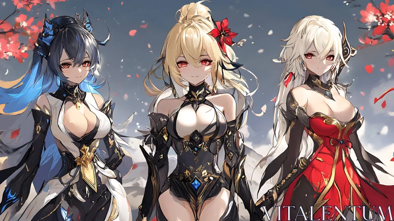 Elemental sisters stand together beneath drifting petals.