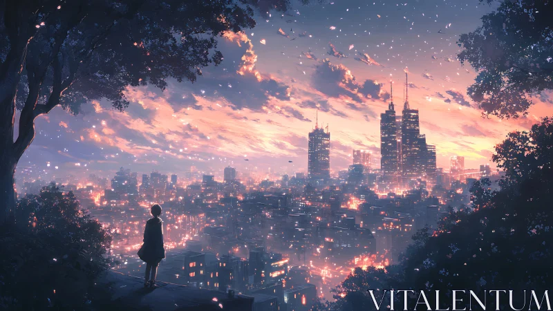 Solitary figure overlooks luminous dusk city in atmospheric anime style