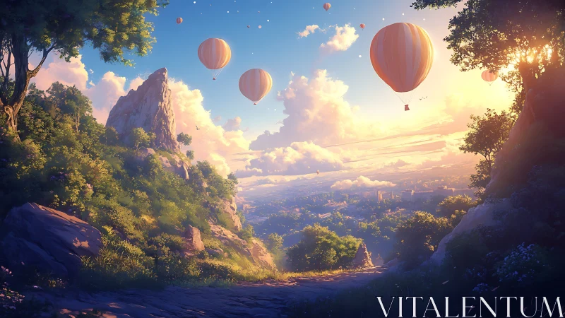Sunlit valley vista with drifting hot air balloons at dawn