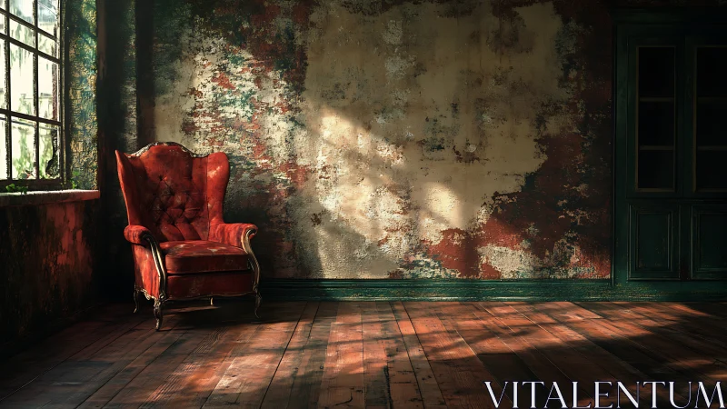 Velvet armchair anchors sunlit distressed loft wall.