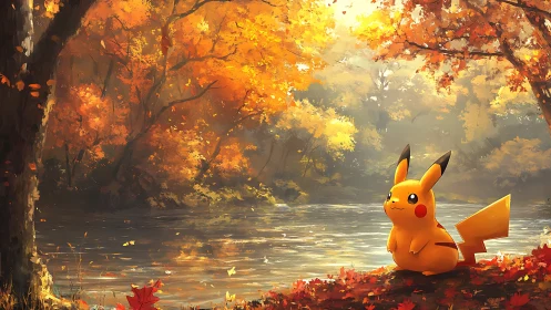 Autumnal riverbank scene frames cel-shaded Pikachu in rim light