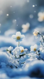 White alpine blossoms emerge through crystalline winter snow