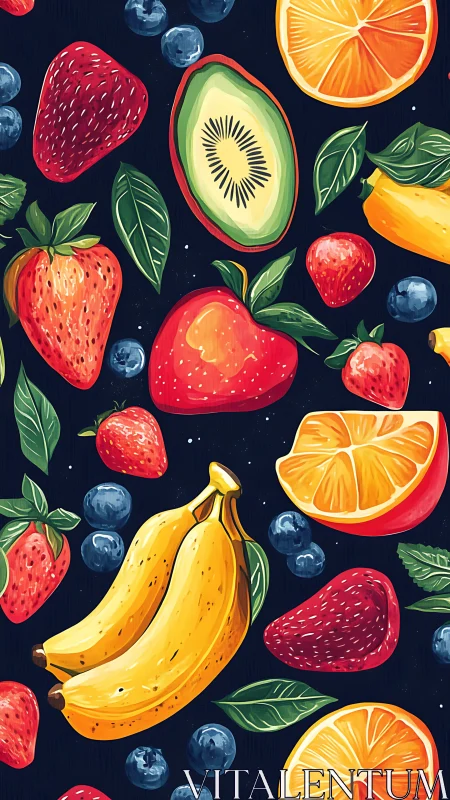 Bright fruit medley dances across a dark cozy backdrop