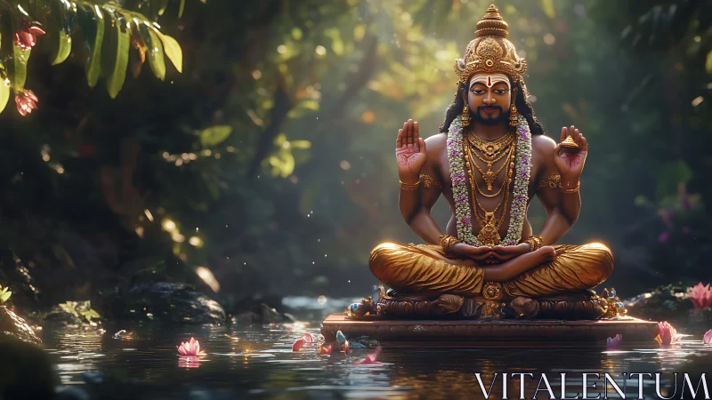 Golden forest deity rests in lotus calm above shimmering water