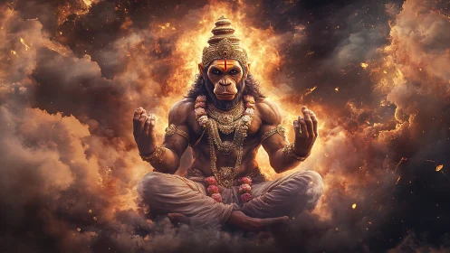 Simian warrior deity in incendiary meditative suspension.