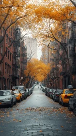 Autumn-lined city street glows beneath golden tree canopy.