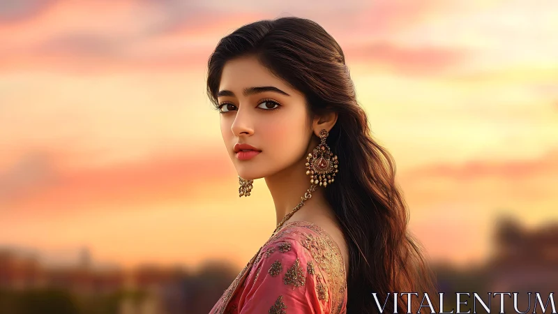 Sunset-gilded portrait of an elegant girl in jeweled silk.