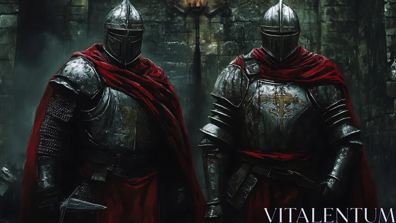 Bastion-grade armored knights in red cloaks, low light study.