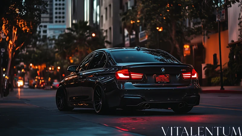 Midnight city street with glossy black sports sedan parked.