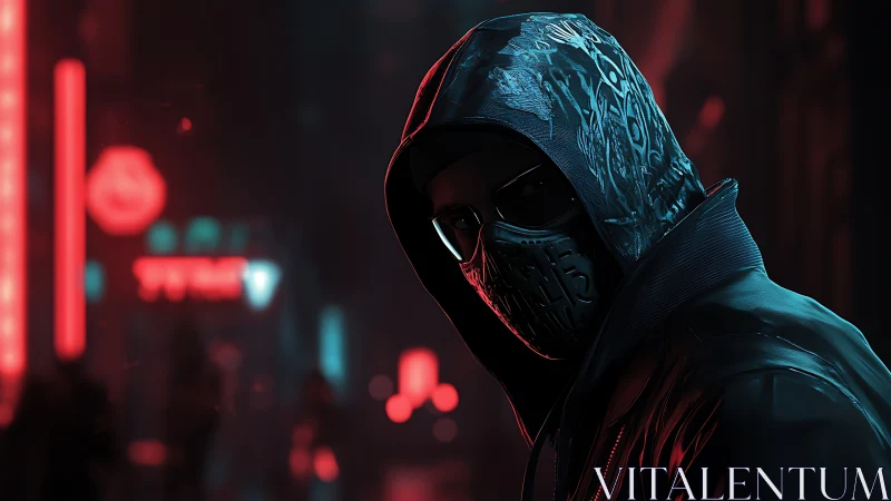 Masked cyberpunk figure stalks a neon city alley at night.