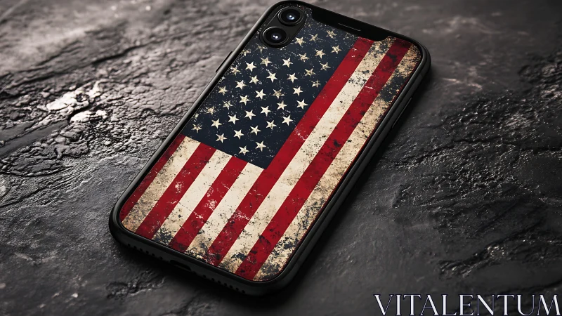 Weathered American Flag Phone Case on Textured Black Stone Surface.