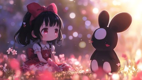 Sunlit meadow whispers with a girl and shy bunny friend.